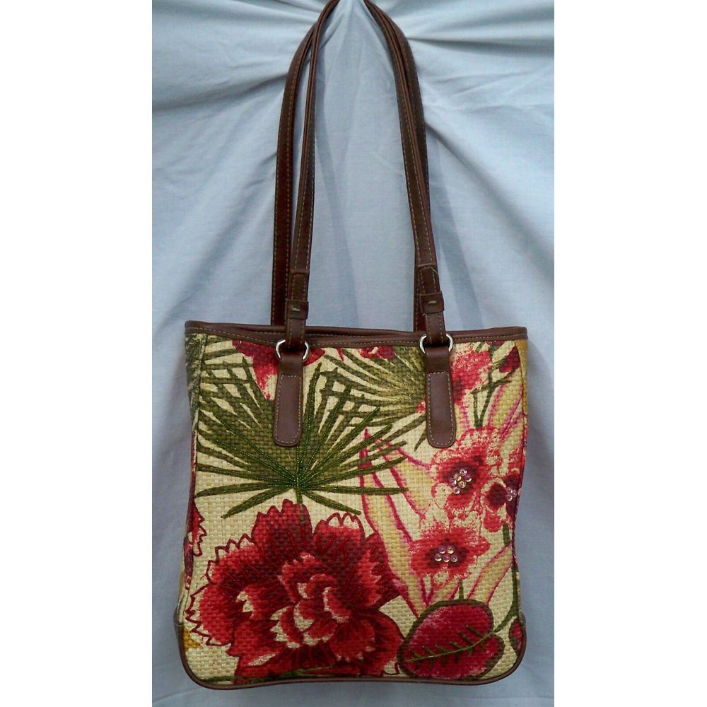 Vintage Hawaiian Style Woven Paper Flowers‎ Leaves Vinyl Trim Handbag Purse Tote